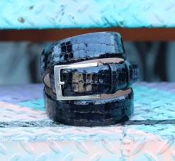 Corrente Crocodile Printed Calfskin Belt Navy