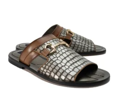 Corrente Crocodile Printed Calfskin Sandal Silver