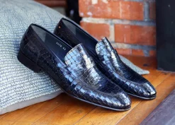 Corrente Crocodile Printed Calfskin Belt Navy