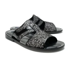 Corrente Linen & Shiny Calfskin Sandal Black