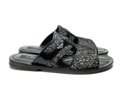 Corrente Linen & Shiny Calfskin Sandal Black