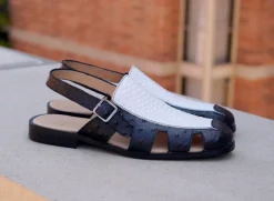 Maurice Embossed Calfskin Slip-On Back-Strap Sandal Black/White