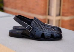 Maurice Embossed Calfskin Slip-On Back-Strap Sandal Black