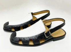 Maurice Embossed Calfskin Slip-On Back-Strap Sandal Black/White