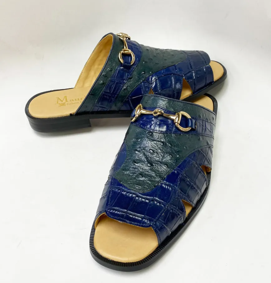 Maurice Embossed Calfskin Slip-On Sandal Navy