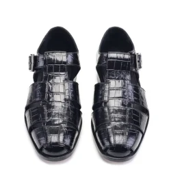 Pelle Crocodile Printed Calfskin Sandal Black
