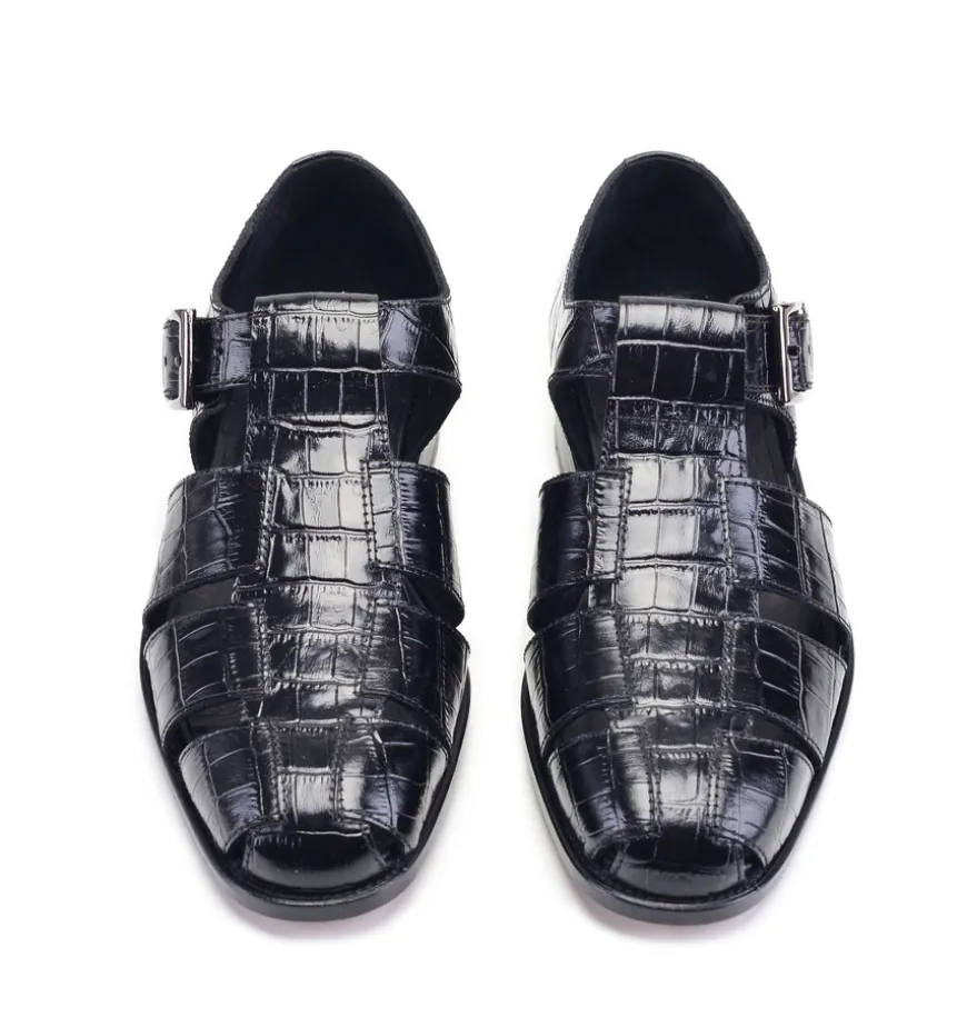 Pelle Crocodile Printed Calfskin Sandal Black