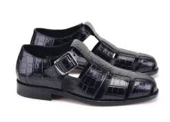 Pelle Crocodile Printed Calfskin Sandal Black