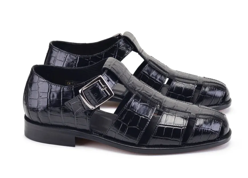 Pelle Crocodile Printed Calfskin Sandal Black