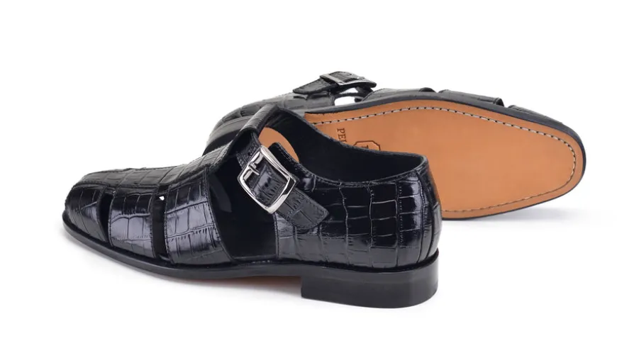 Pelle Crocodile Printed Calfskin Sandal Black