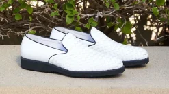 Woven Shiny Calfskin Slip-On Loafer White